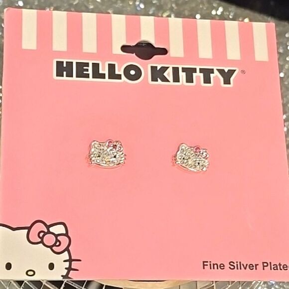 Hello Kitty Fine Silver Plated Logo Studded Crystal Earrings - Picture 6 of 9